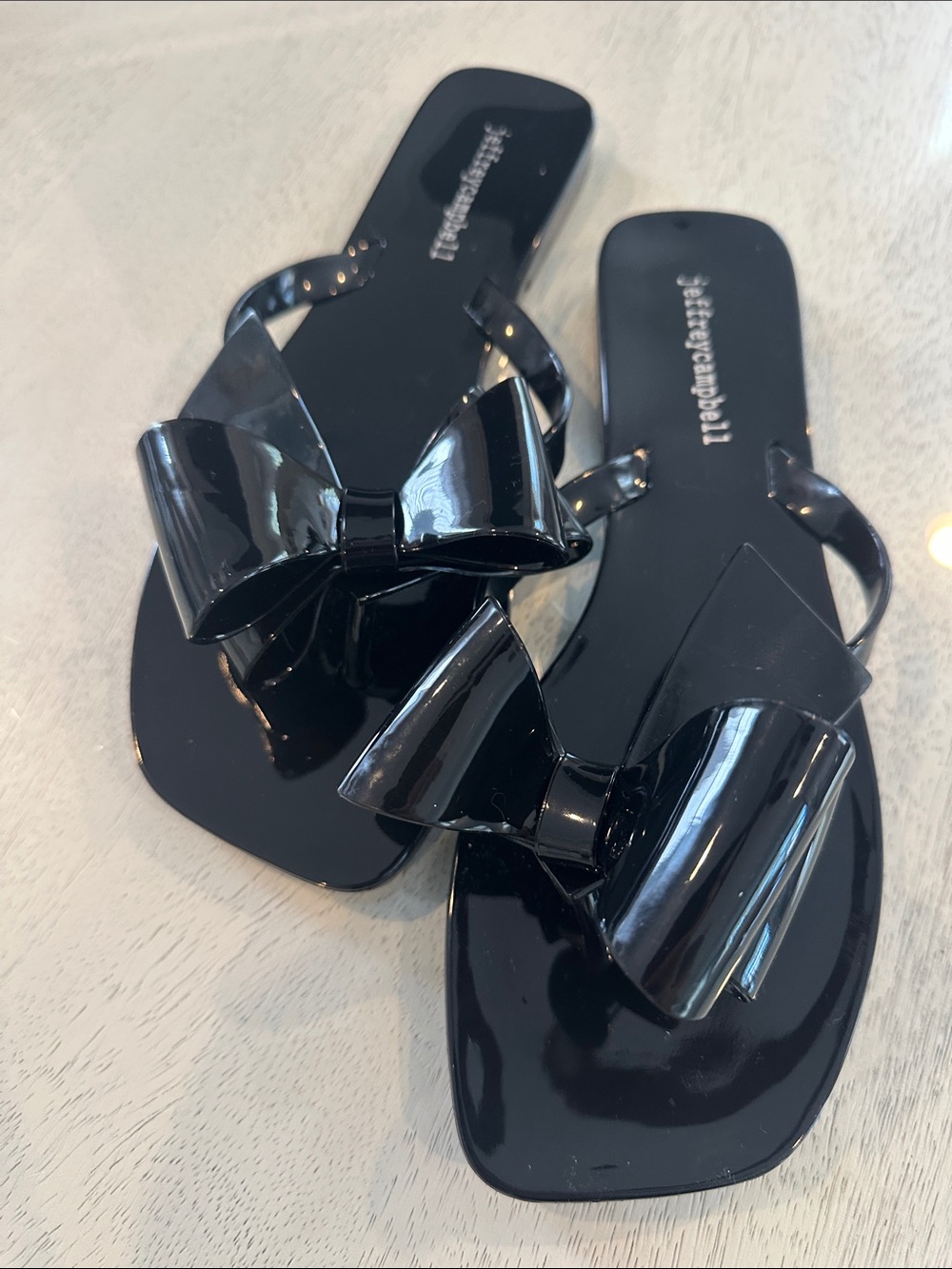 Jeffrey Campbell Black Patent Bow Slide Sandals - Glossy Bow Detail